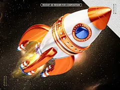 Orange and white realistic 3D rocket flying overhead