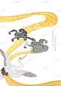 金质装饰用鹤鸟元素矢量.具有东方背景的亚洲背景，如老式风格的手绘波浪图标.