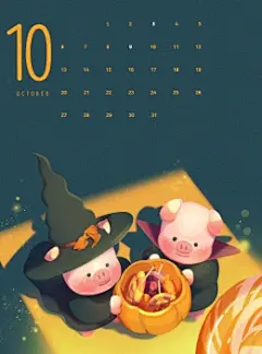 万圣节日 装扮小猪 十月日历 新年手绘日历设计PSD tid283t000680