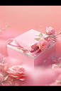 An empty pink gift box surrounded on roses, in the style of realistic landscapes with soft, tonal colors, editorial illustrations, resin, subtle gradients
