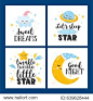 Vector set of four night cards with cute cartoon characters and phrases. Beautiful posters for baby rooms or bedroom. Childish backgrounds with moon, stars, cloud, planet. Hand drawn letters.