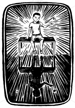 手绘图形说明。生命和死亡。男孩坐在长凳上，和他脆弱的影子。的矢量插图。海报、印刷品、明信片、t恤等设