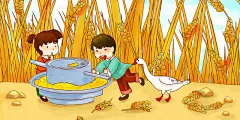 秋分卡通手绘石磨磨麦子儿童白鹅玩耍田埂