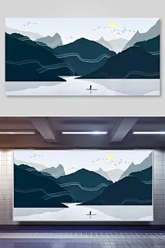典雅高端高山中国风山水插画