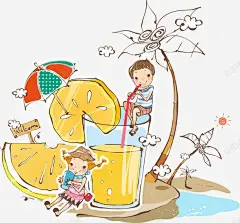 夏天喝果汁矢量图 女孩 小伞 悠闲 手绘 插画 果汁 柠檬 柠檬汁 椰树 橙子 橙汁 水果 沙滩 海滩 清凉 男孩 白云 矢量图 线条 雨伞 饮品 饮料 饮水 黄色 元素 免抠png 设计图片 免费下载 页面网页 平面电商 创意素材