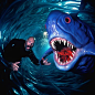 David Lachapelle and Terr Richardson and PrettyPuke photo of a scary blue shark demon swimming by a supermodel, high flash, eerie, beautiful, wondrous, fairytale, magic, psychedelic, Telecine 2001, Fujifilm Velvia 100, Kodachrome 64, 2001 Arri SR camera, 