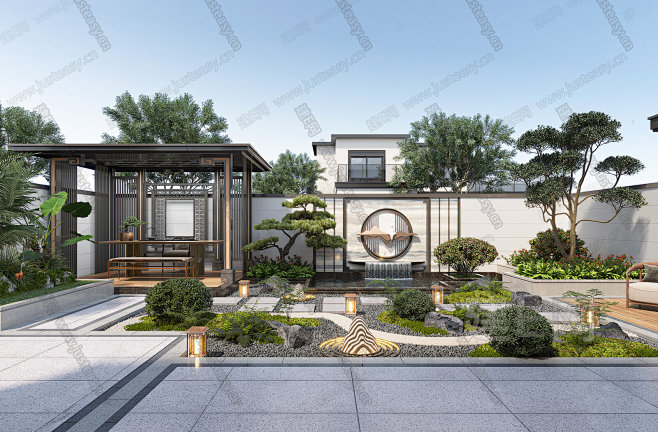 新中式别墅庭院3d模型图片_新中式花园图片素材-花瓣网