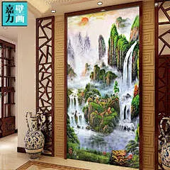 中式风水玄关壁纸走廊过道背景墙墙纸无纺布玄关装饰定制大型壁画
