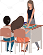 教室,教师,女性,男孩,教科书,书,人,室内,图像,书桌