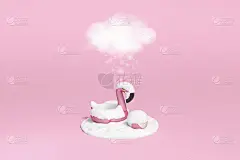 突出的粉红色火烈鸟浮动充气游泳池环下的云在粉红色的背景上3d渲染。3d插图夏季和雨季贺卡模板最小的概
