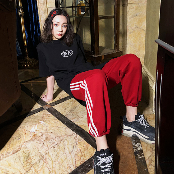 超高腰小脚裤套装女秋冬hiphop嘻哈束脚裤子三条杠港风原宿学院风淘宝