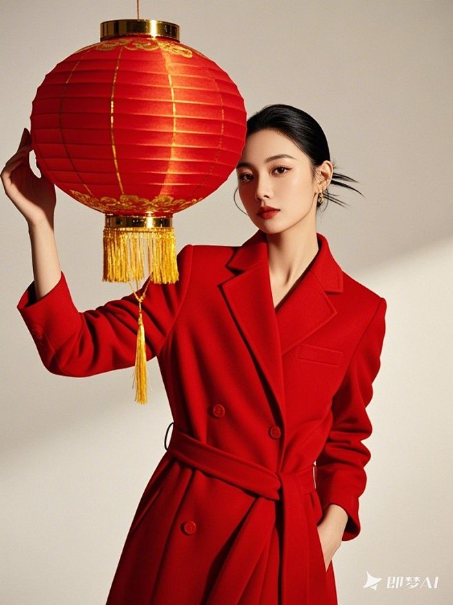 红色衣服的模特拿着红灯笼，白色背景 (2...