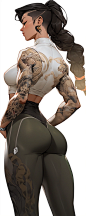 Character artwork. Side view. beautiful badass strong Young Japanese Chinese tattooed female. Friendly. Shaved side shiny black wavy hair. White body tight metallic fitness low top and tight legging showing sculpted abs. Almond shaped grey green eyes. Ova