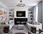 Example of a mid-sized transitional enclosed carpeted and gray floor family room design in San Francisco with white walls, a metal fireplace, a media wall and a ribbon fireplace