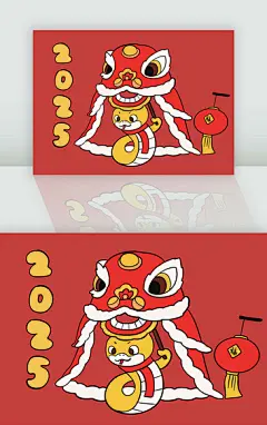 红色描边风格蛇年生肖舞狮子打灯笼插画