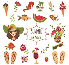 夏季元素矢量素材|夏季元素矢量素材下载,冰淇淋,花卉,海马,椰子树,岛屿,甜筒,鱼,西瓜,鸟,花盆,花瓶,女子,万图库,21款夏季元素矢量素材下载,太阳镜,草莓,沙滩拖鞋,蝴蝶,夏季,矢量图,AI格式,含JPG预览图
