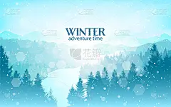 冬天的风景。山上的雪。发现、探索、观察自然的旅游理念。徒步旅游。冒险。极简多边形平面设计图形海报。矢