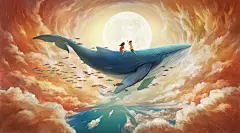 卡通唯美手绘梦幻风景插画女孩鲸鱼森林梦境PSD设计背景素材模板-tmall.com天猫