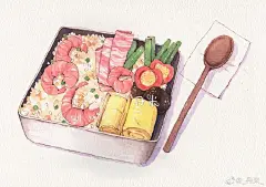 钢笔淡彩超话 爱心便当，要好好吃饭哦！
#水彩#插画超话#绘画##画画# ​​​​