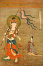 菩萨接引众生的场景，菩萨拿着幡在前面引路，众生在后面跟着。那菩萨还很慈悲，有时候还得回头看看众生是不是落下了。