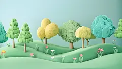 綠色草原上充滿樹木和花朵的彩色卡通風景