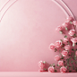 This is a simple display background, a clean pink background with pink roses, the overall color is pink, warm, photography, maximum resolution, maximum perfectionism, realistic composition, professional photography, maximum focus, master techniques, the b