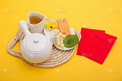 春节的概念。农历新年，春节。春节甜食用套茶隔黄