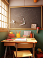 teacher desk background screenshot school desk, in the style of vray tracing, light red and yellow, studyblr, chalk, cartoon mis-en-scene, realistic details, algernon blackwood