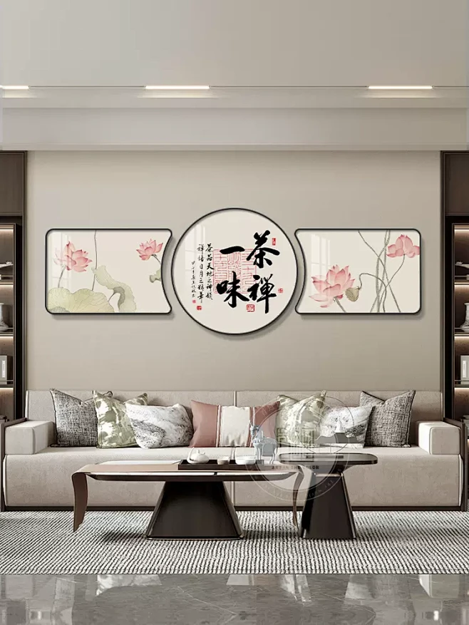 新中式客厅装饰画天道酬勤茶室挂画三联画办公室沙发背景墙山水画-tmall.com天猫-花瓣网