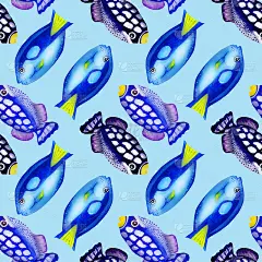 无缝图案与彩色水彩鱼。手绘水彩画元素。海洋生物。