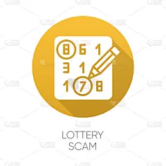 彩票诈骗黄色平面设计长影子字形图标。贷款手续费诈骗。彩票比赛。奖的欺骗。赌博。提前付款。欺诈计划。向