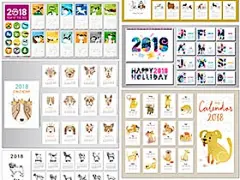 6张2018可爱卡通时尚创意手绘狗年动物日历台历背景模板矢量素材设计