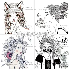 森系欧美日韩美丽女孩人动物手绘插画芯装饰平面印刷设计矢量素材-淘宝网