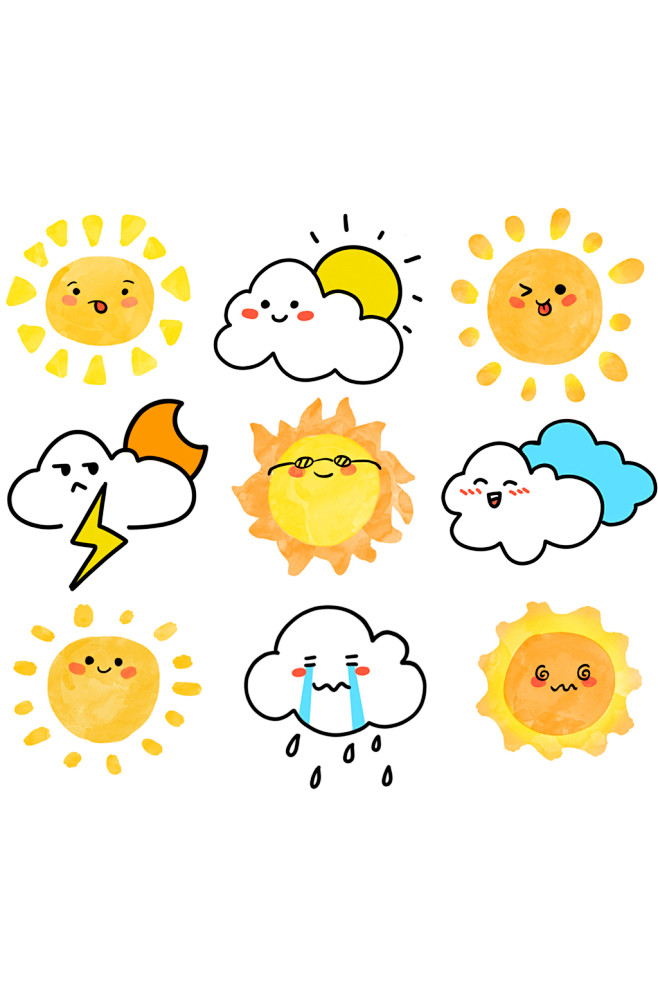 手绘卡通天气太阳月亮云雷电免扣元素