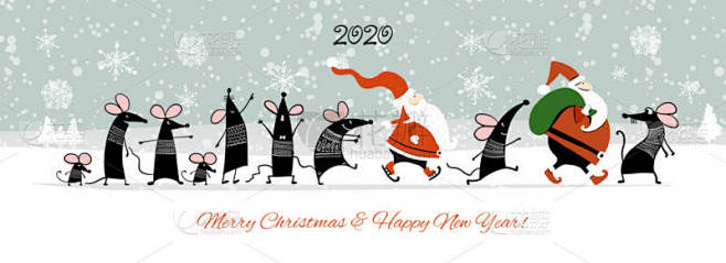 圣诞卡与有趣的鼠标和圣诞老人在冬季森林，...
