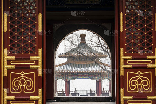 拱门,亭台楼阁,过去,冬天,门,寺庙,摄像机拍摄角度,透过其它物体观看,北京,宫殿