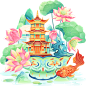 花瓣素材_二十四节气立夏通用国潮荷塘建筑组合场景元素素材_193456056