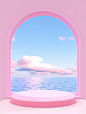 a round mirror with ocean is framed by pink platform 3d render, in the style of minimalist stage designs, light sky-blue, webcam photography, i can't believe how beautiful this is, wandering eye, booru, windows vista
