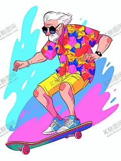 滑板老爷爷 【酷图网】重阳节,登高节,重九节,插画,卡通,手绘,手绘插画,手绘老人,老人,滑板老头,老爷爷,酷,滑板老爷爷