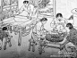 南通民间画家郁异人绘 《江海民俗风情百图》——   手擀馄饨皮子。用擀面杖把面团压平擀匀，这种纯手工的方法速度慢、较费力，却充满温馨的气息，做出来的馄饨也别有风味。