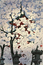 Japanese Art Print "Blooming Cherry Trees at Toshogu Shrine" by Kasamatsu Shiro, woodblock print rep