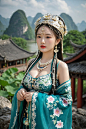  Detailed high, high precision, high quality, the UHD, 16 k, rich details, abundant element, shows that a girl, beautiful, lotus, lotus leaf, pearlygates, traditional clothing, clothing patterns, miao clothing headwear, Face Score, (big breasts:1.89), MAJ