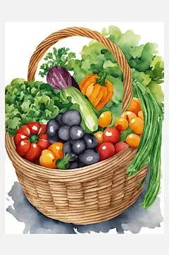 AI数字艺术蔬菜篮子水彩插画-众图网