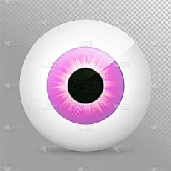眼睛,紫色。逼真的3d紫眼球矢量插图。真正的人类虹膜，瞳孔和眼球。图标上透明的背景。孤立的宏观彩色眼