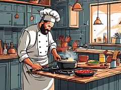 扁平手绘厨师在厨房烹饪插画AI数字艺术
