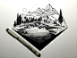 手绘，黑白画，线描，针管笔，将自然风景画进几何图形，来自插画师Derek Myers