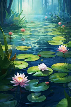 盛夏晴空荷花池莲花盛开风景的插画