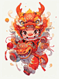 2024国风龙年插画／可爱卡通龙小孩年画