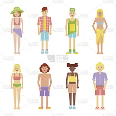 一组穿着夏装的卡通人物。为你的设计提供人物插图。男孩和女孩穿平底短裤和泳衣。