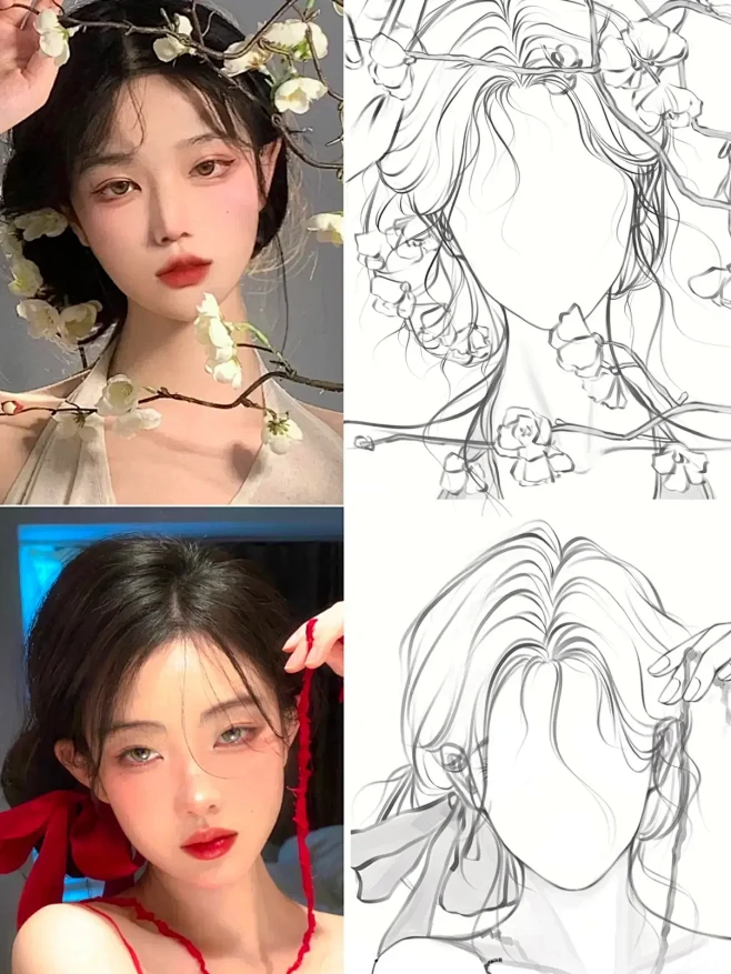 女生古风发型线稿练习合集